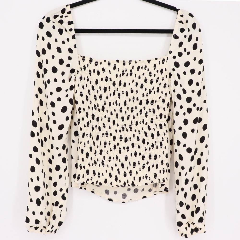 Reformation Reign Ink Blot Polka Dot Top Smocked Back Long Sleeve Blouse Size 8 - Picture 4 of 9